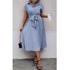 imageECOWISH Womens Casual Midi Dresses Solid V Neck Short Sleeve Button Shirt Belted Dress with Pockets for Spring Summer 2025Blight Blue
