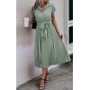 imageECOWISH Womens Casual Midi Dresses Solid V Neck Short Sleeve Button Shirt Belted Dress with Pockets for Spring Summer 2025Blight Green