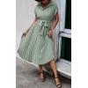 imageECOWISH Womens Casual Midi Dresses Solid V Neck Short Sleeve Button Shirt Belted Dress with Pockets for Spring Summer 2025Blight Green