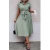 imageECOWISH Womens Casual Midi Dresses Solid V Neck Short Sleeve Button Shirt Belted Dress with Pockets for Spring Summer 2025Blight Green