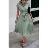 imageECOWISH Womens Casual Midi Dresses Solid V Neck Short Sleeve Button Shirt Belted Dress with Pockets for Spring Summer 2025Blight Green