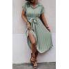 imageECOWISH Womens Casual Midi Dresses Solid V Neck Short Sleeve Button Shirt Belted Dress with Pockets for Spring Summer 2025Blight Green