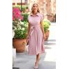 imageECOWISH Womens Casual Midi Dresses Solid V Neck Short Sleeve Button Shirt Belted Dress with Pockets for Spring Summer 2025Blight Pink