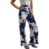 imageECOWISH Wide Leg Pants for Women Summer 2025 Palazzo Tropical Floral Casual High Waist Flared Trousers with Pockets185 Navy Blue Leaf Pink Flower