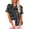 imageECOWISH Women Casual Ruffle Tops Summer 2025 Short Sleeve Button Down Work Blouses Fashion Loose Boho Floral Collared Shirt434 Black