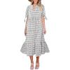 imageECOWISH Women Summer Casual Dress  V Neck Short Sleeve Gingham Midi Pleated Tiered Loose Fit Holiday Picnic DressesBlack White