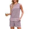 imageECOWISH Women Two Piece Outfits Summer Knit Striped Lounge Matching Set Sleeveless Button Down Tank Top and Shorts Pajamas443 Grey Purple