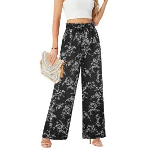 imageECOWISH Palazzo Pants for Women Casual 2025 Summer Loose Baggy Wide Leg Flowy High Waisted Polka Dot Trouser with Belt Pocket160 Black Flower
