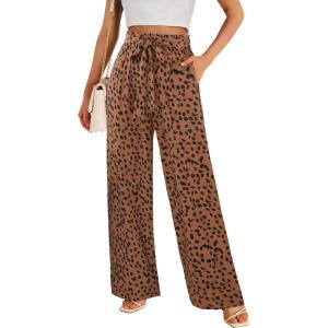 imageECOWISH Palazzo Pants for Women Casual 2025 Summer Loose Baggy Wide Leg Flowy High Waisted Polka Dot Trouser with Belt Pocket160 Brown