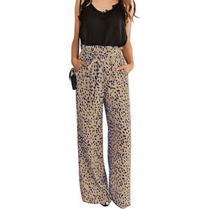 imageECOWISH Palazzo Pants for Women Casual 2025 Summer Loose Baggy Wide Leg Flowy High Waisted Polka Dot Trouser with Belt Pocket160 Khaki
