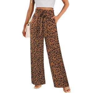 imageECOWISH Palazzo Pants for Women Casual 2025 Summer Loose Baggy Wide Leg Flowy High Waisted Polka Dot Trouser with Belt Pocket160 Khaki Lightning