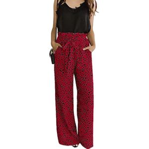 imageECOWISH Palazzo Pants for Women Casual 2025 Summer Loose Baggy Wide Leg Flowy High Waisted Polka Dot Trouser with Belt Pocket160 Red