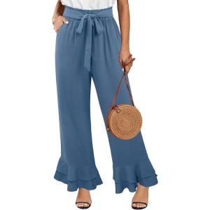 imageECOWISH Palazzo Pants for Women Casual 2025 Summer Loose Baggy Wide Leg Flowy High Waisted Polka Dot Trouser with Belt Pocket445 Gray Blue