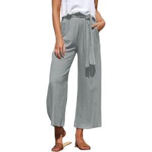 imageECOWISH Palazzo Pants for Women Casual 2025 Summer Loose Baggy Wide Leg Flowy High Waisted Polka Dot Trouser with Belt PocketGrey