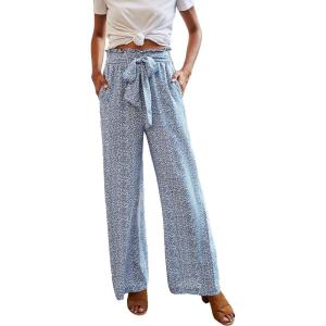 imageECOWISH Palazzo Pants for Women Casual 2025 Summer Loose Baggy Wide Leg Flowy High Waisted Polka Dot Trouser with Belt PocketLight Blue