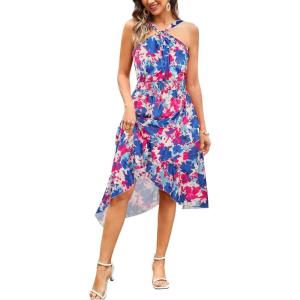 imageECOWISH Polka Dot Women Summer Dress Flowy High Low Sleeveless Boho Floral Criss Cross Halterneck Cocktail Midi Sundress 202546 Blue Floral