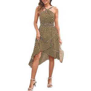 imageECOWISH Polka Dot Women Summer Dress Flowy High Low Sleeveless Boho Floral Criss Cross Halterneck Cocktail Midi Sundress 202546 Coffee