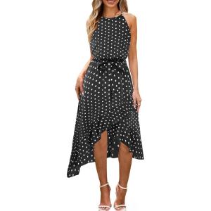 imageECOWISH Polka Dot Women Summer Dress Flowy High Low Sleeveless Boho Floral Criss Cross Halterneck Cocktail Midi Sundress 2025Black