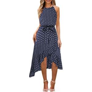 imageECOWISH Polka Dot Women Summer Dress Flowy High Low Sleeveless Boho Floral Criss Cross Halterneck Cocktail Midi Sundress 2025Blue