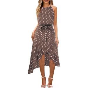 imageECOWISH Polka Dot Women Summer Dress Flowy High Low Sleeveless Boho Floral Criss Cross Halterneck Cocktail Midi Sundress 2025Coffee