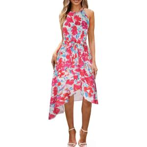 imageECOWISH Polka Dot Women Summer Dress Flowy High Low Sleeveless Boho Floral Criss Cross Halterneck Cocktail Midi Sundress 2025Red Floral