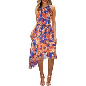imageECOWISH Polka Dot Women Summer Dress Flowy High Low Sleeveless Boho Floral Criss Cross Halterneck Cocktail Midi Sundress 2025Yellow Floral