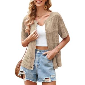 imageECOWISH Summer Crochet Cardigans for Women 2025 Lightweight Short Sleeve Crewneck Button Down Cropped Casual Sweater Tops440 Khaki