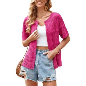 imageECOWISH Summer Crochet Cardigans for Women 2025 Lightweight Short Sleeve Crewneck Button Down Cropped Casual Sweater Tops440 Rose Red