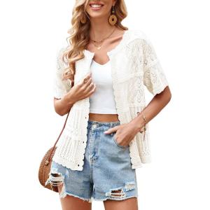 imageECOWISH Summer Crochet Cardigans for Women 2025 Lightweight Short Sleeve Crewneck Button Down Cropped Casual Sweater Tops440 White