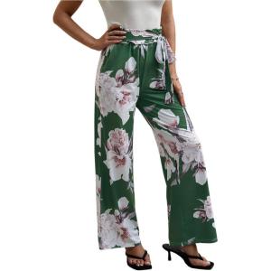 imageECOWISH Wide Leg Pants for Women Summer 2025 Palazzo Tropical Floral Casual High Waist Flared Trousers with Pockets185 Green