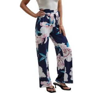 imageECOWISH Wide Leg Pants for Women Summer 2025 Palazzo Tropical Floral Casual High Waist Flared Trousers with Pockets185 Navy Blue Leaf Pink Flower