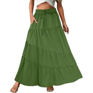imageECOWISH Women Boho Maxi Skirt Summer Asymmetric Tiered Drawstring Elastic High Waist ALine Flowy Long Skirts with Pockets441 Army Green