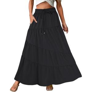 imageECOWISH Women Boho Maxi Skirt Summer Asymmetric Tiered Drawstring Elastic High Waist ALine Flowy Long Skirts with Pockets441 Black