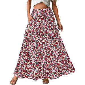 imageECOWISH Women Boho Maxi Skirt Summer Asymmetric Tiered Drawstring Elastic High Waist ALine Flowy Long Skirts with Pockets441 Red Flower