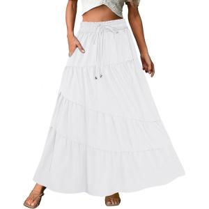 imageECOWISH Women Boho Maxi Skirt Summer Asymmetric Tiered Drawstring Elastic High Waist ALine Flowy Long Skirts with Pockets441 White