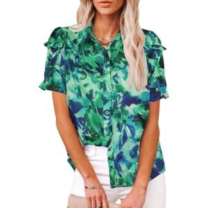 imageECOWISH Women Casual Ruffle Tops Summer 2025 Short Sleeve Button Down Work Blouses Fashion Loose Boho Floral Collared Shirt434 Green