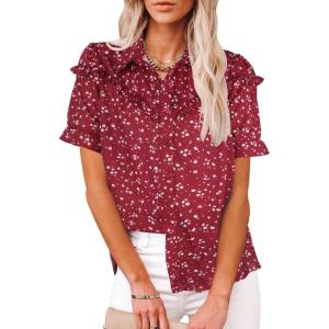 imageECOWISH Women Casual Ruffle Tops Summer 2025 Short Sleeve Button Down Work Blouses Fashion Loose Boho Floral Collared Shirt434 Red