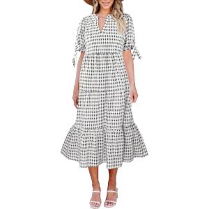 imageECOWISH Women Summer Casual Dress  V Neck Short Sleeve Gingham Midi Pleated Tiered Loose Fit Holiday Picnic DressesBlack White