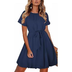 imageECOWISH Women Summer Mini Dress Short Puff Sleeve Flowy Short Dresses Casual A Line Chiffon Sundress Crew Neck Tie Dye PocketNavy Blue