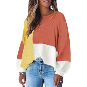 imageECOWISH Women Sweater Long Sleeve Color Block Knit Pullover Sweaters Crew Neck Patchwork Casual Loose Jumper TopsOrange