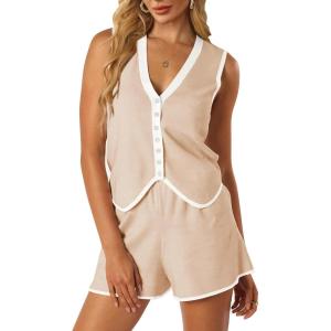 imageECOWISH Women Two Piece Outfits Summer Knit Striped Lounge Matching Set Sleeveless Button Down Tank Top and Shorts PajamasChampagne