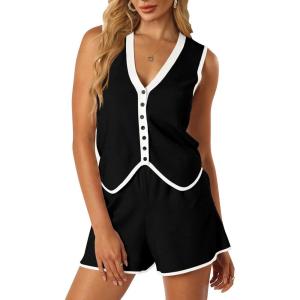 imageECOWISH Women Two Piece Outfits Summer Knit Striped Lounge Matching Set Sleeveless Button Down Tank Top and Shorts PajamasSolid Black