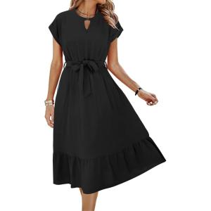 imageECOWISH Womens Casual Midi Dresses Solid V Neck Short Sleeve Button Shirt Belted Dress with Pockets for Spring Summer 2025449 Black