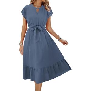 imageECOWISH Womens Casual Midi Dresses Solid V Neck Short Sleeve Button Shirt Belted Dress with Pockets for Spring Summer 2025449 Grey Blue