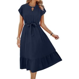imageECOWISH Womens Casual Midi Dresses Solid V Neck Short Sleeve Button Shirt Belted Dress with Pockets for Spring Summer 2025449 Navy Blue