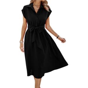 imageECOWISH Womens Casual Midi Dresses Solid V Neck Short Sleeve Button Shirt Belted Dress with Pockets for Spring Summer 2025Ablack