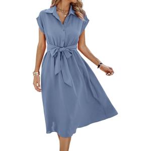 imageECOWISH Womens Casual Midi Dresses Solid V Neck Short Sleeve Button Shirt Belted Dress with Pockets for Spring Summer 2025Ablue