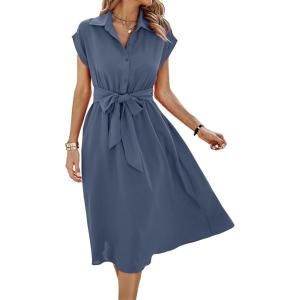 imageECOWISH Womens Casual Midi Dresses Solid V Neck Short Sleeve Button Shirt Belted Dress with Pockets for Spring Summer 2025Agray Blue