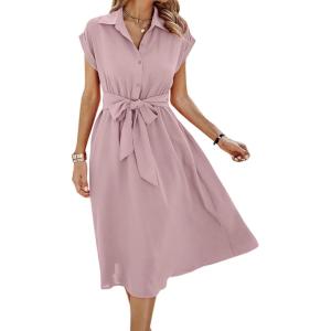 imageECOWISH Womens Casual Midi Dresses Solid V Neck Short Sleeve Button Shirt Belted Dress with Pockets for Spring Summer 2025Alight Pink