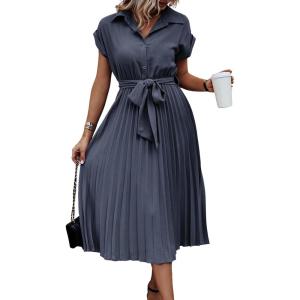 imageECOWISH Womens Casual Midi Dresses Solid V Neck Short Sleeve Button Shirt Belted Dress with Pockets for Spring Summer 2025Bgray Blue